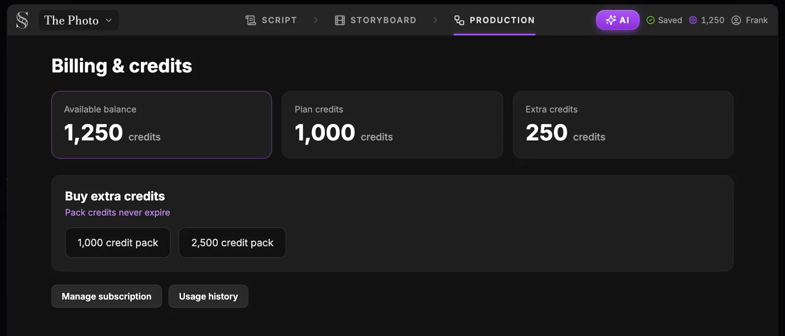 The Billing & credits screen: Available balance 1,250 credits, Plan credits 1,000, Extra credits 250, a Buy extra credits block with two credit packs, and Manage subscription and Usage history buttons.