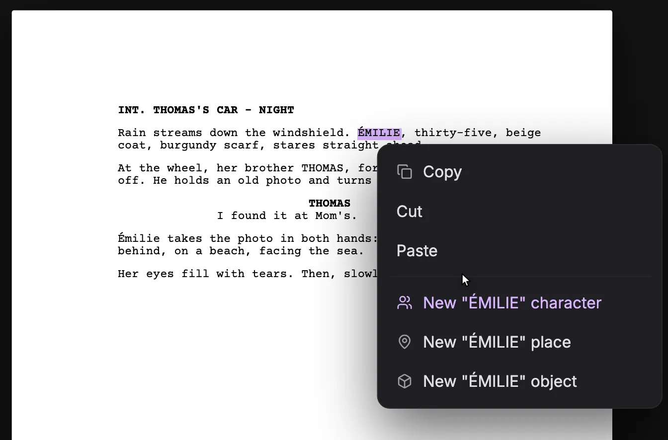 A screenplay page with the name ÉMILIE selected and the right-click menu open: Copy, Cut and Paste, then New ÉMILIE character, New ÉMILIE place and New ÉMILIE object.