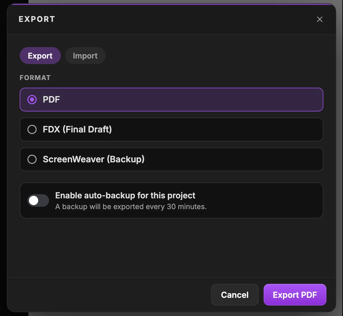 Export विंडो: Export और Import टैब, तीन फ़ॉर्मेट PDF (चुना हुआ), FDX (Final Draft) और ScreenWeaver (Backup), Enable auto-backup for this project टॉगल, और Cancel और Export PDF बटन।