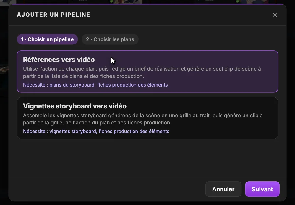 La fenêtre Ajouter un pipeline à l'étape 1, Choisir un pipeline : Références vers vidéo sélectionné avec ses prérequis, Vignettes storyboard vers vidéo en dessous, et les boutons Annuler et Suivant.