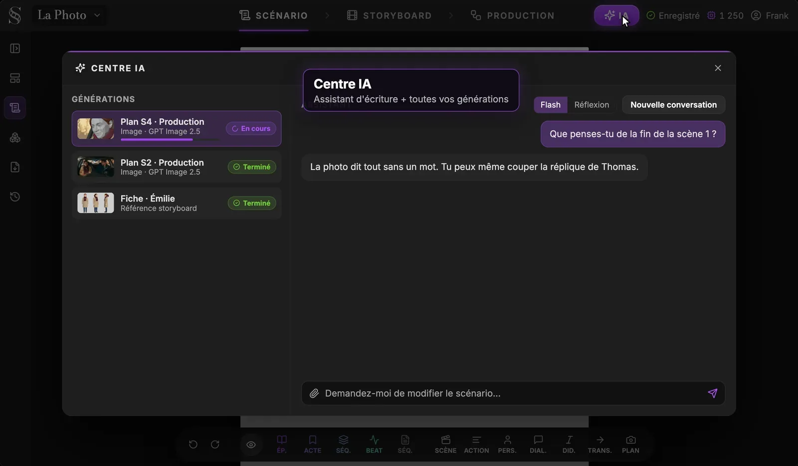 La fenêtre Centre IA par-dessus l'onglet Scénario : une colonne Générations avec une image de plan en cours et deux éléments terminés, et la colonne Assistant avec une courte conversation, un bouton Nouvelle conversation et la zone de message.