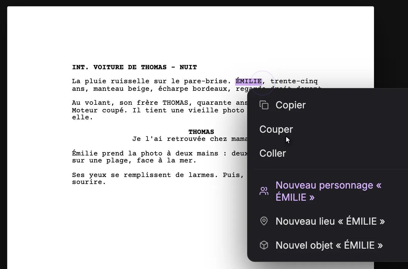 Une page de scénario avec le nom ÉMILIE sélectionné et le menu du clic droit ouvert : Copier, Couper et Coller, puis Nouveau personnage ÉMILIE, Nouveau lieu ÉMILIE et Nouvel objet ÉMILIE.