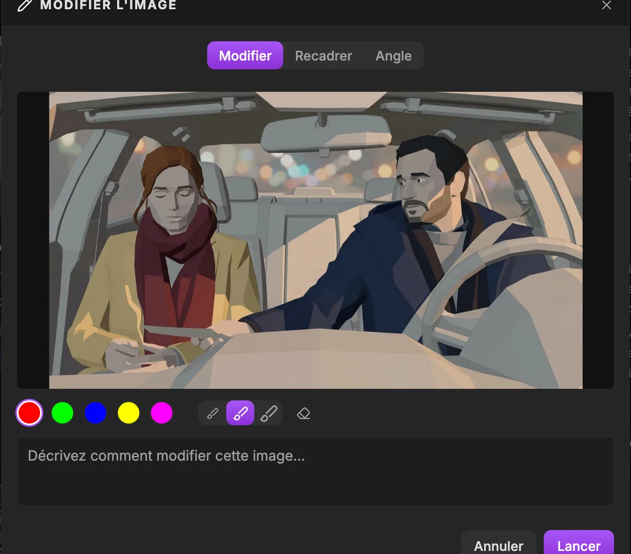 La fenêtre Modifier l'image sur l'onglet Modifier : une vignette d'intérieur de voiture, cinq couleurs de pinceau (rouge, vert, bleu, jaune, magenta), trois tailles de pinceau, un bouton pour effacer les traits, le champ de prompt Décrivez comment modifier cette image, et les boutons Annuler et Lancer.