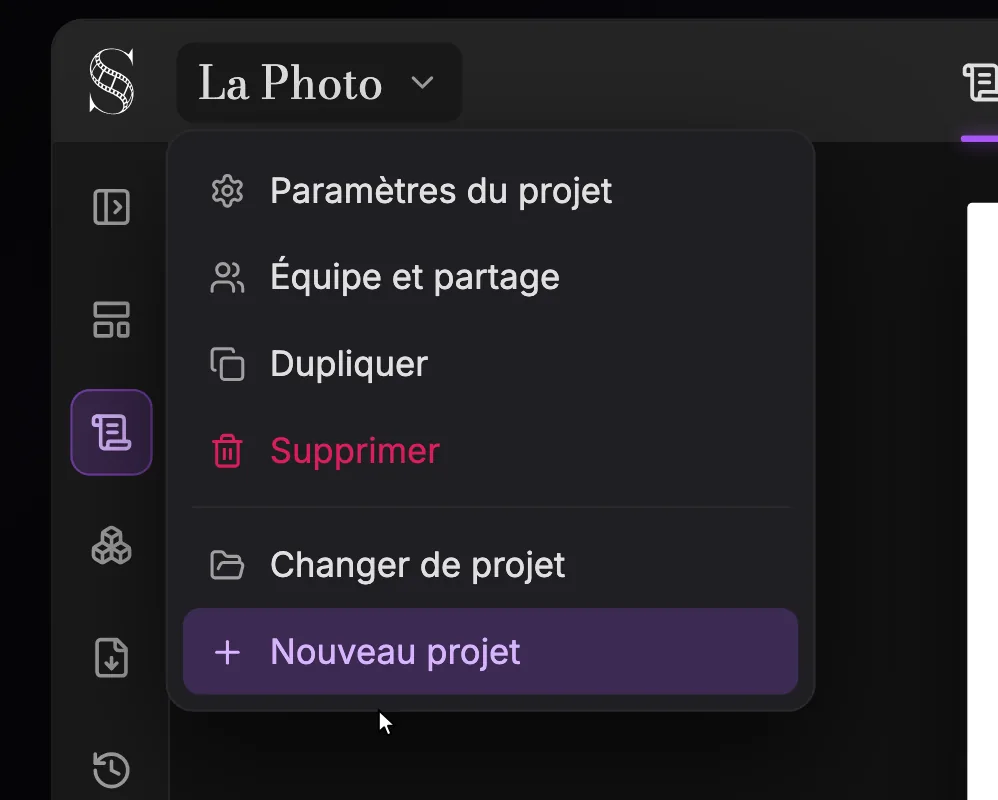 Le menu du projet de ScreenWeaver ouvert sous le titre The Photo, avec Paramètres du projet, Équipe et partage, Dupliquer, Supprimer, Changer de projet et Nouveau projet.