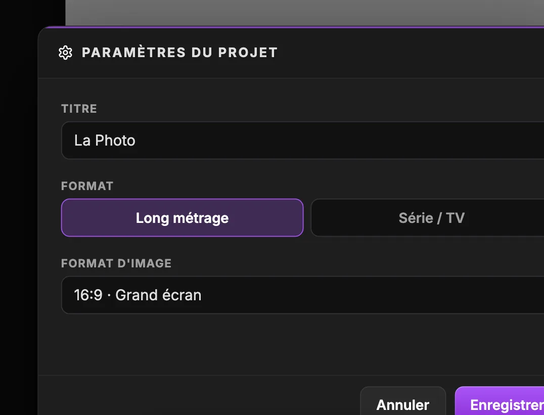 La fenêtre Paramètres du projet avec le champ Titre réglé sur The Photo, le choix de format entre Long métrage et Série / TV, le format d'image réglé sur 16:9 Grand écran, et les boutons Annuler et Enregistrer.