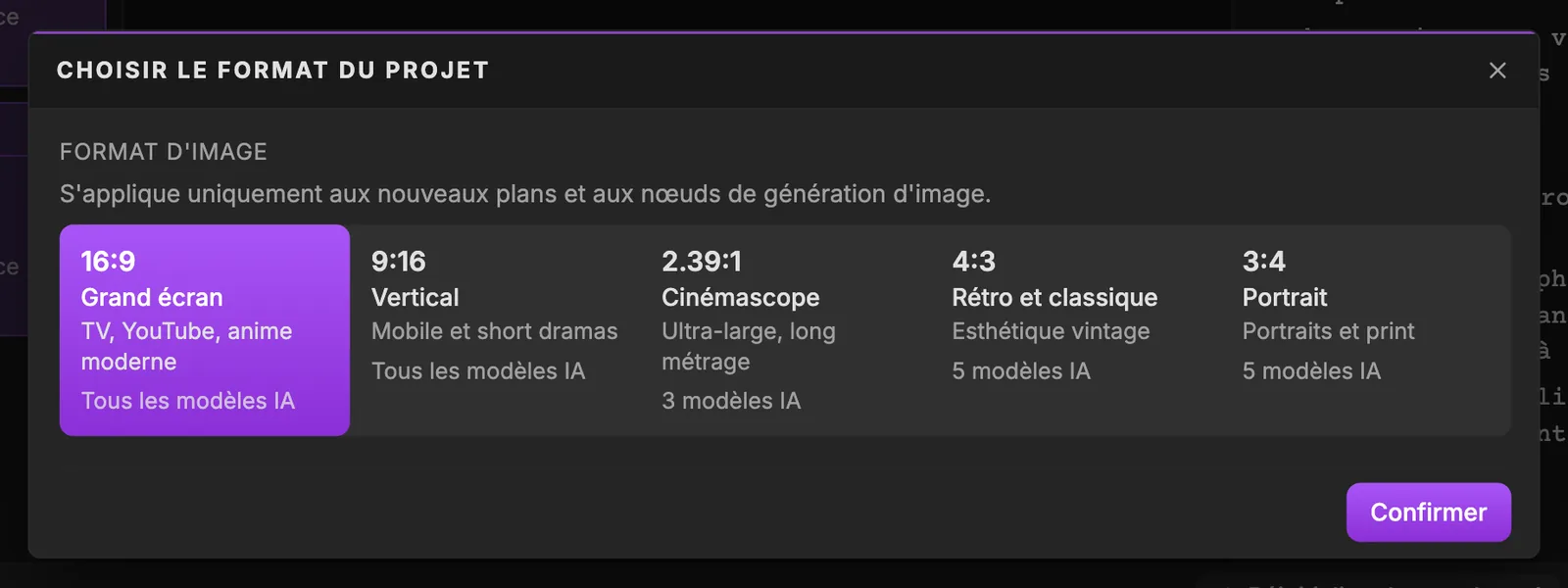 La fenêtre Choisir le format du projet avec cinq cartes : 16:9 Grand écran sélectionné, 9:16 Vertical, 2.39:1 Cinémascope, 4:3 Rétro & classique et 3:4 Portrait, chacune indiquant combien de modèles d'IA la prennent en charge, et un bouton Continuer.