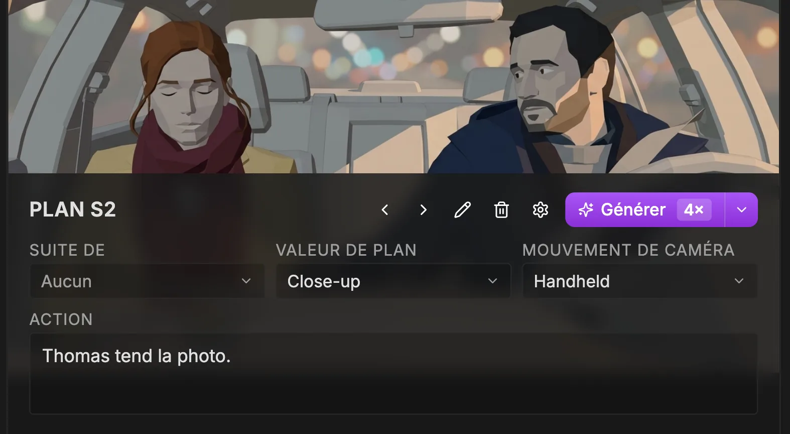 Le compositeur de plan pour le Plan S1 : une vignette des deux personnages dans une voiture, les commandes de l'image, un bouton Générer, et les champs Suite de (Aucun), Valeur de plan (Close-up), Mouvement de caméra (Handheld) et Action.
