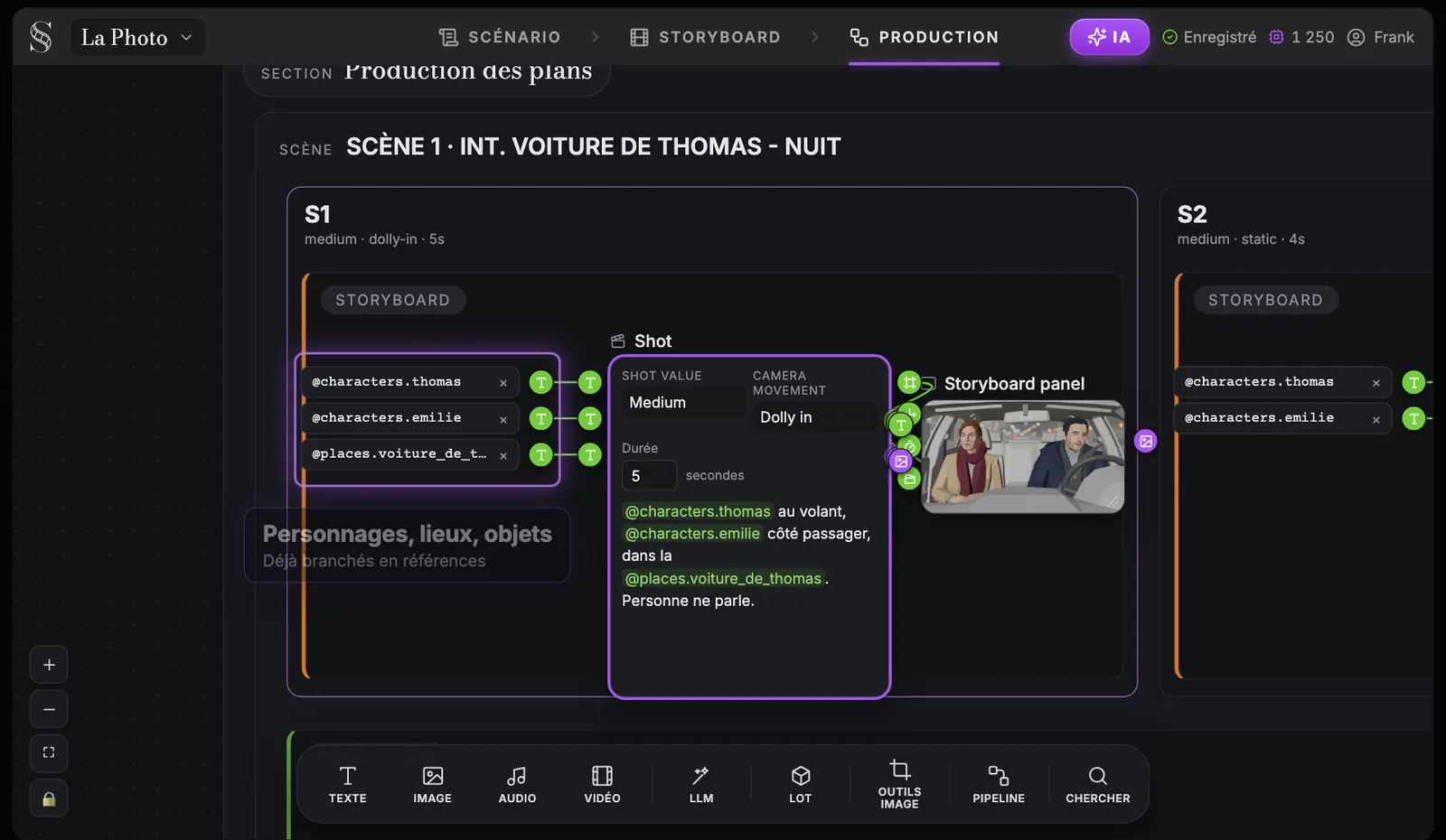 Le groupe de plan S1 dans Scene 1 sur le canevas de production : le résumé medium, dolly in, 5s, trois puces de références d'entités, un nœud de plan avec Valeur de plan Medium, Mouvement de caméra Dolly in, Durée 5 secondes et une action avec des @références, et l'image du panneau storyboard.