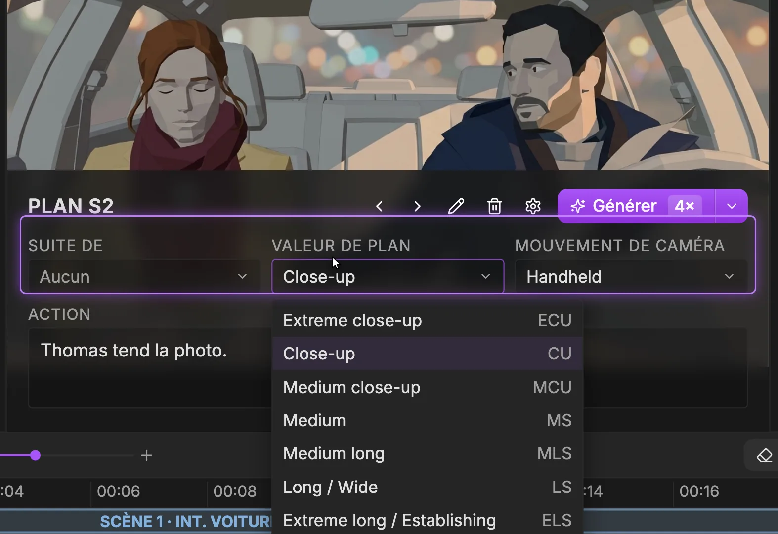 Le menu déroulant Valeur de plan ouvert dans le compositeur du Plan S2, qui liste Extreme close-up ECU, Close-up CU, Medium close-up MCU, Medium MS, Medium long MLS, Long / Wide LS et Extreme long / Establishing ELS.
