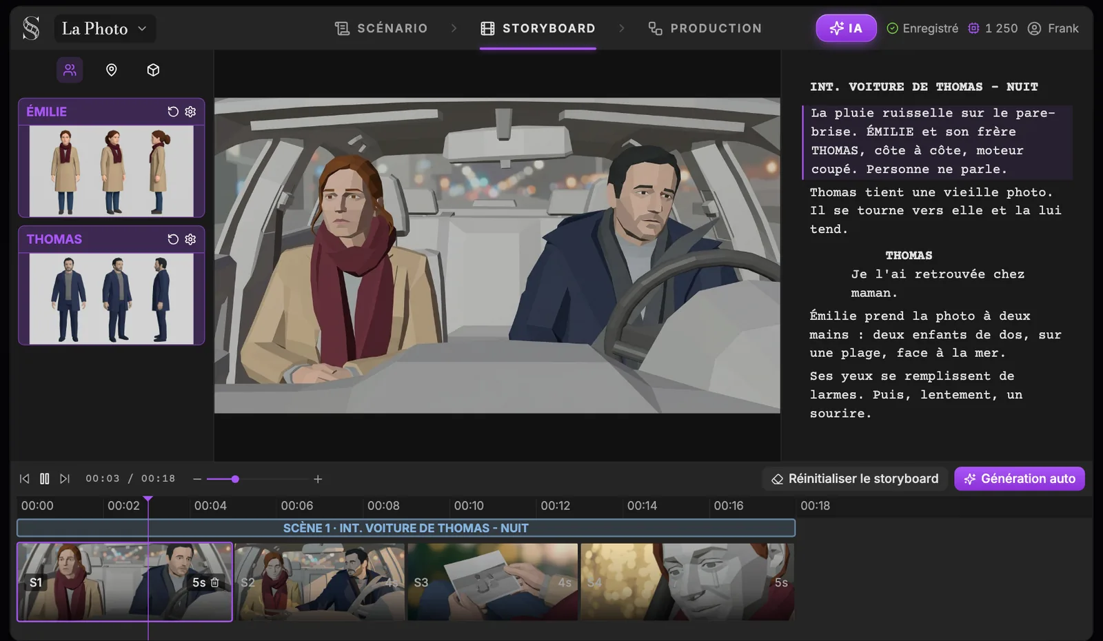 L'onglet Storyboard de ScreenWeaver : les fiches de référence d'ÉMILIE et de THOMAS à gauche, une grande vignette des deux personnages dans une voiture au centre, le texte de la scène à droite, et le séquenceur en bas avec Scene 1 et les plans S1 à S4.