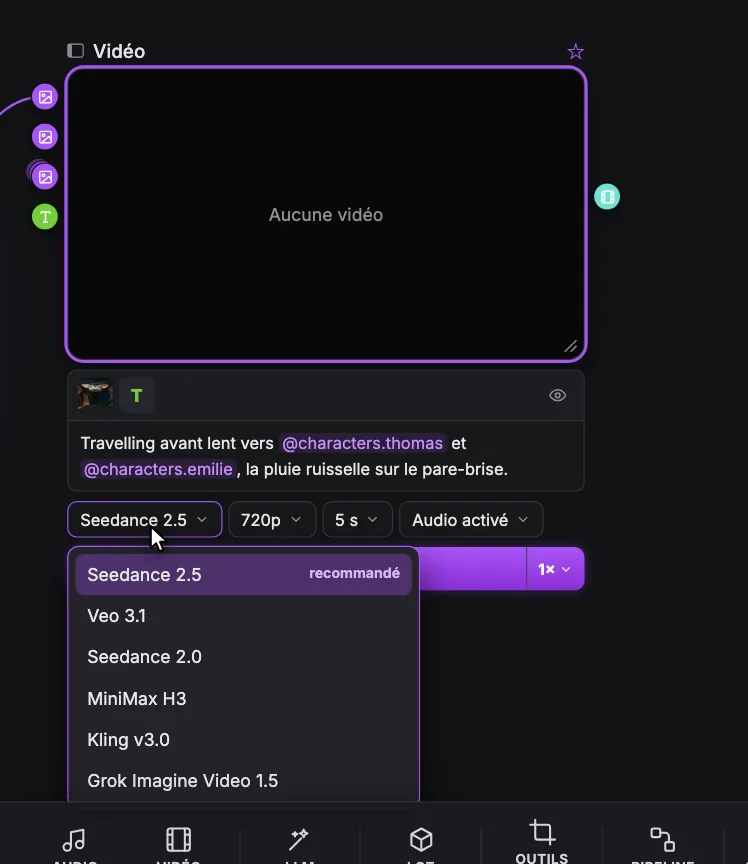 Un nœud vidéo avec son menu des modèles ouvert, qui liste Seedance 2.5 (recommandé), Veo 3.1, Seedance 2.0, MiniMax H3, Kling v3.0 et Grok Imagine Video 1.5, au-dessus des sélecteurs de résolution, de durée et d'audio.