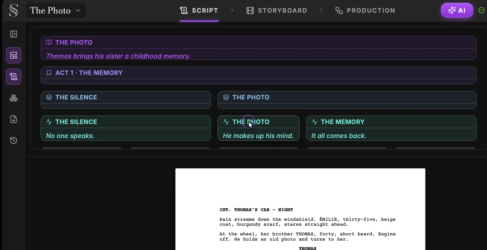 The Photo의 Outline view: 제목 카드, Act 1 카드, 시퀀스 카드 2개, 한 줄 요약이 달린 스토리 비트 카드 3개, 그 아래 INT. THOMAS'S CAR - NIGHT로 시작하는 시나리오 페이지.