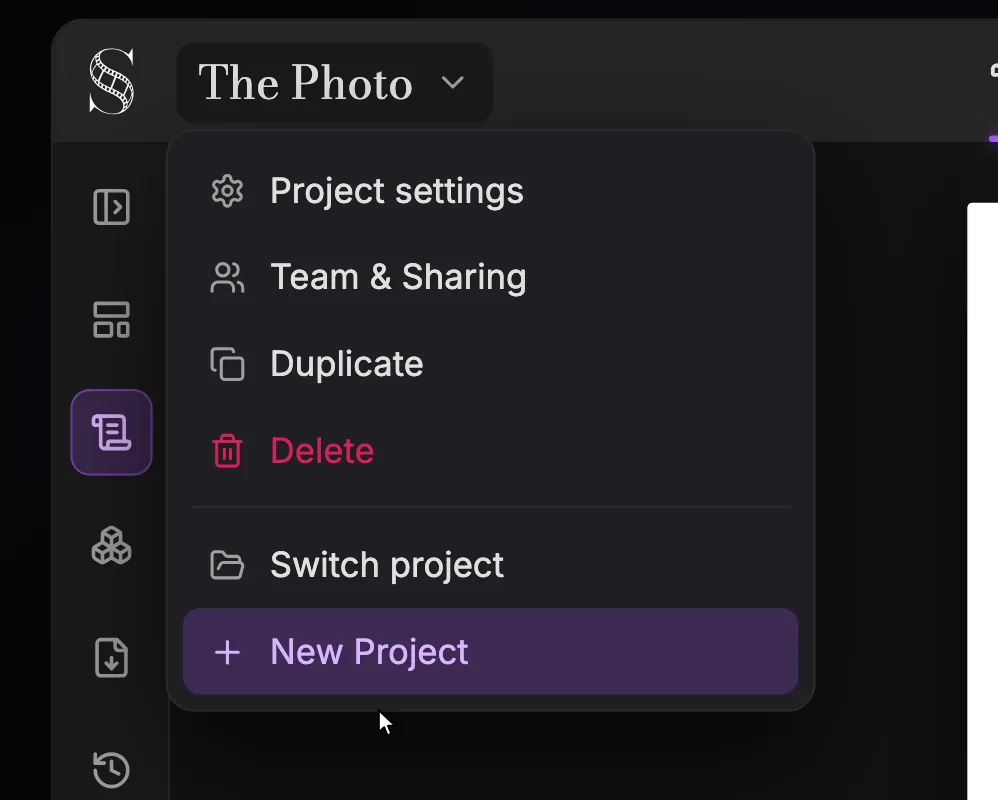 The Photo टाइटल के नीचे खुला ScreenWeaver प्रोजेक्ट मेन्यू, जिसमें Project settings, Team & Sharing, Duplicate, Delete, Switch project और New Project हैं।