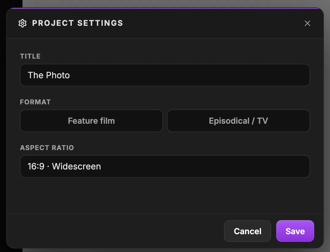 The Project settings dialog with the Title field set to The Photo, the Format choice between Feature film and Episodical / TV, the Aspect ratio set to 16:9 Widescreen, and Cancel and Save buttons.