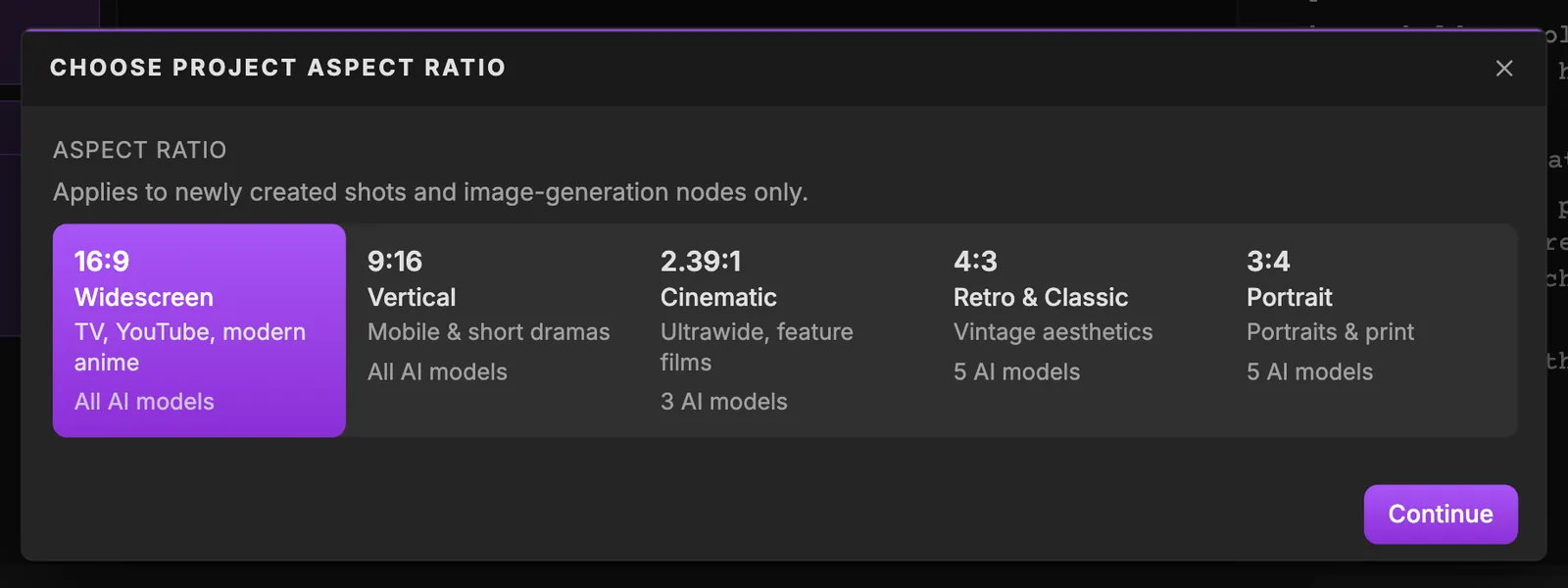 The Choose project aspect ratio window with five cards: 16:9 Widescreen selected, 9:16 Vertical, 2.39:1 Cinematic, 4:3 Retro & Classic and 3:4 Portrait, each showing how many AI models support it, and a Continue button.