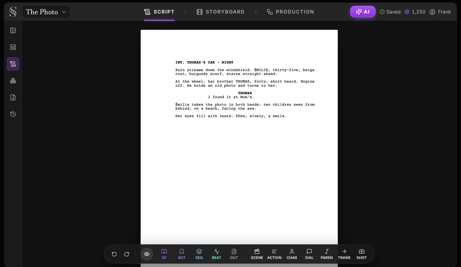 The ScreenWeaver Script tab: a header with the project menu, the Script, Storyboard and Production tabs, the AI button, save status, credits and account; the left sidebar icons; a screenplay page for The Photo and the floating element toolbar at the bottom.