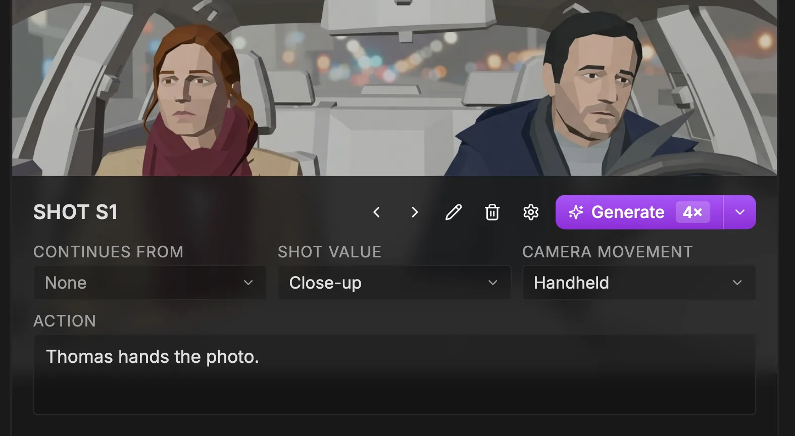 The shot composer for Shot S1: a storyboard panel of two characters in a car, image controls, a Generate button, and the Continues from (None), Shot value (Close-up), Camera movement (Handheld) and Action fields.