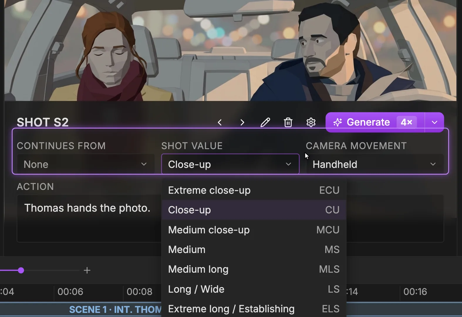 The Shot value dropdown open in the shot composer for Shot S2, listing Extreme close-up ECU, Close-up CU, Medium close-up MCU, Medium MS, Medium long MLS, Long / Wide LS and Extreme long / Establishing ELS.