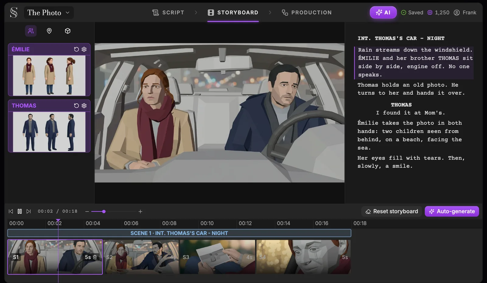 The ScreenWeaver Storyboard tab: reference sheets for ÉMILIE and THOMAS on the left, a large storyboard panel of the two characters in a car in the centre, the scene text on the right, and the sequencer at the bottom with Scene 1 and shots S1 to S4.