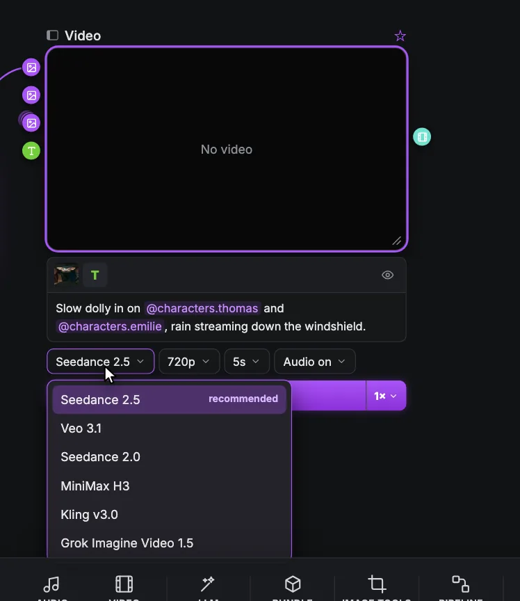 A video node with its model menu open, listing Seedance 2.5 (recommended), Veo 3.1, Seedance 2.0, MiniMax H3, Kling v3.0 and Grok Imagine Video 1.5, above the resolution, duration and audio selectors.