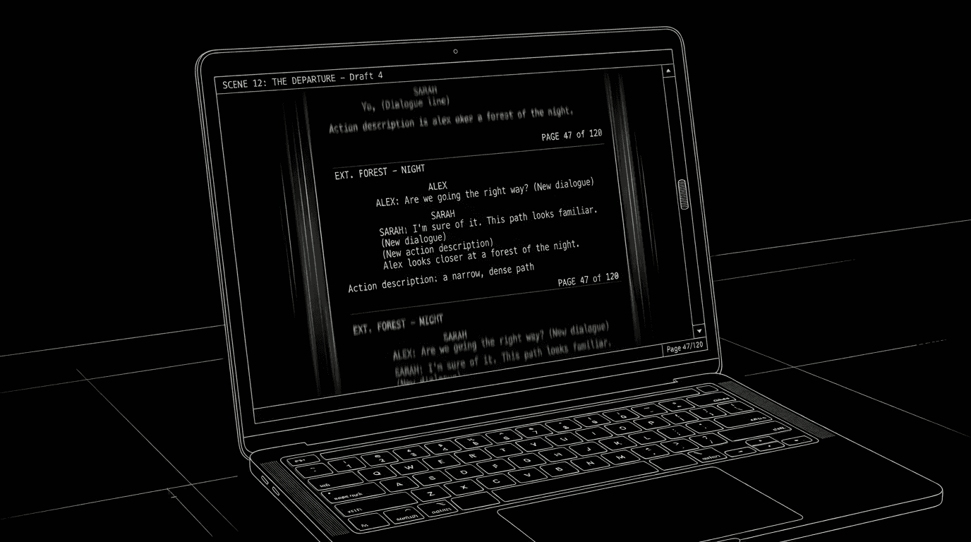 Dark mode technical sketch: a 120-page script scrolling smoothly inside a minimalist editor on a laptop; thin white lines on black