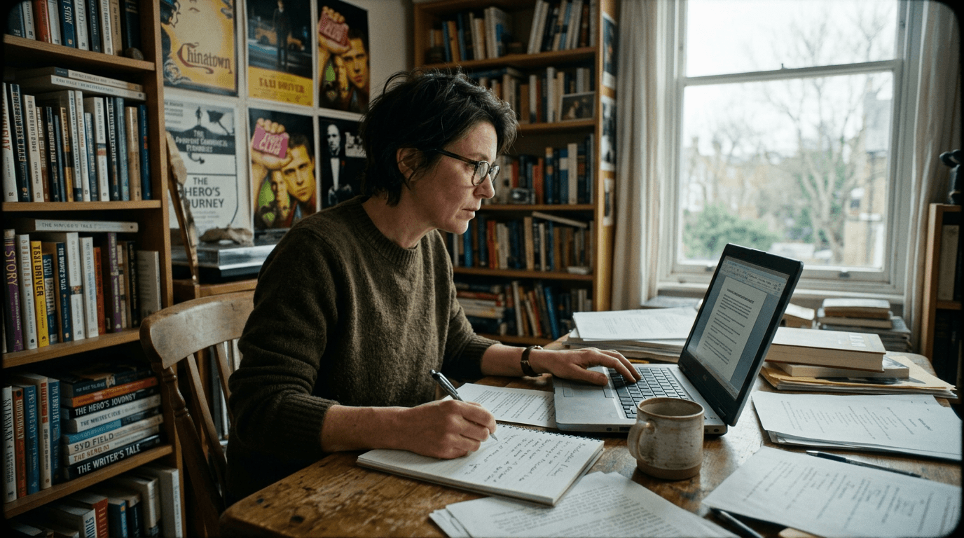 Cinematic workflow still, first angle, 35mm film grain