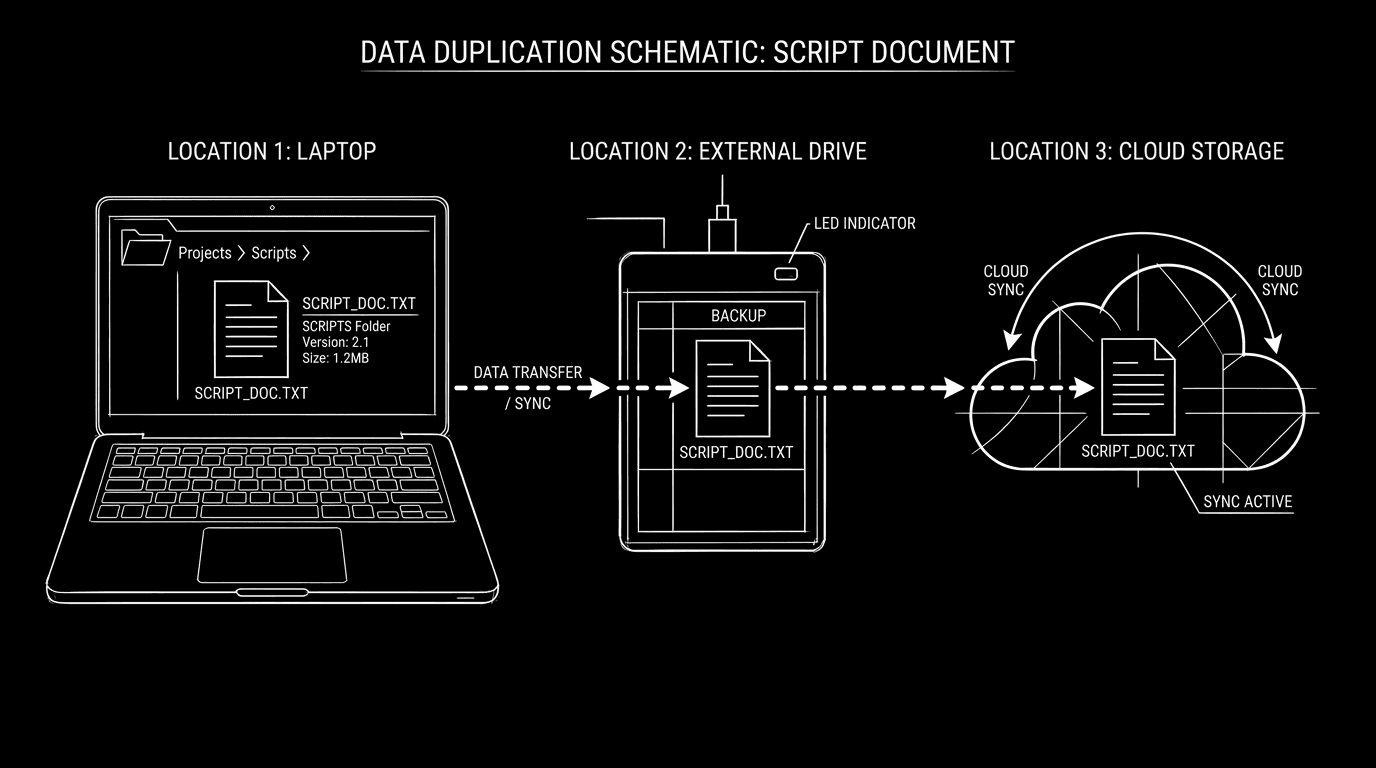 Dark mode technical sketch: script copied to laptop, external drive, and cloud; thin white lines on black