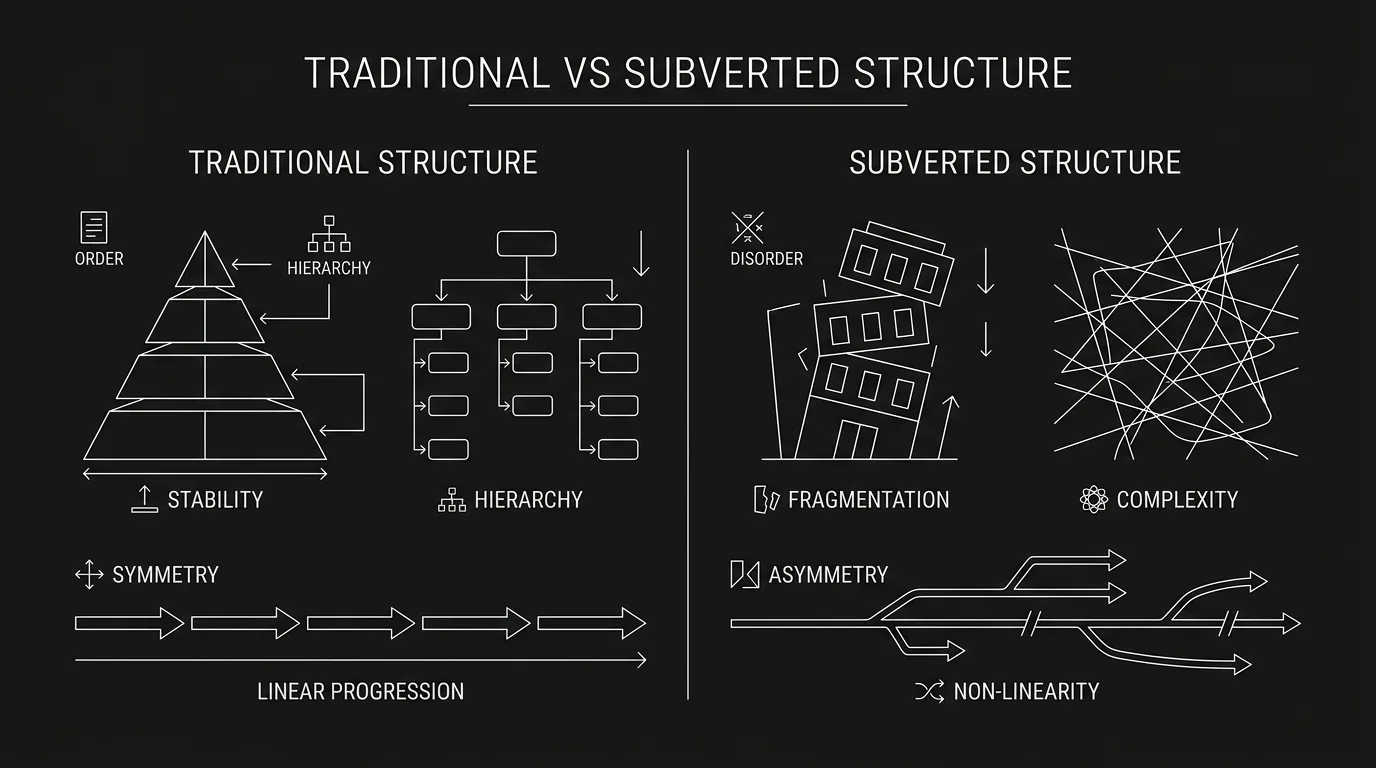 Traditional vs subverted structure; dark mode technical sketch