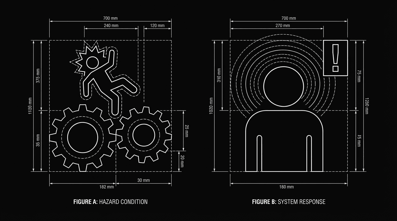 Character in danger, then reaction; dark mode technical sketch