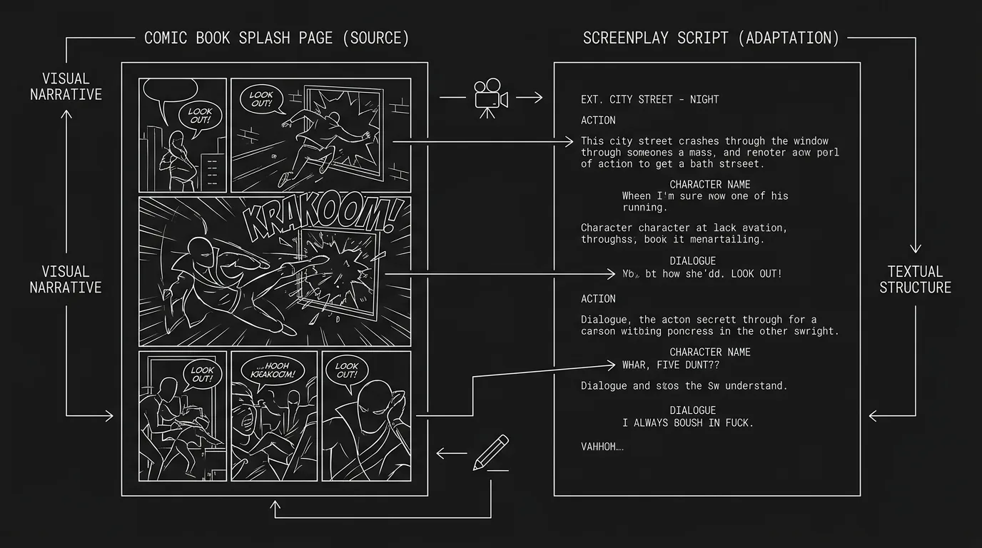 A comic splash page with screenplay adaptation notes; dark mode technical sketch, thin white lines on black background
