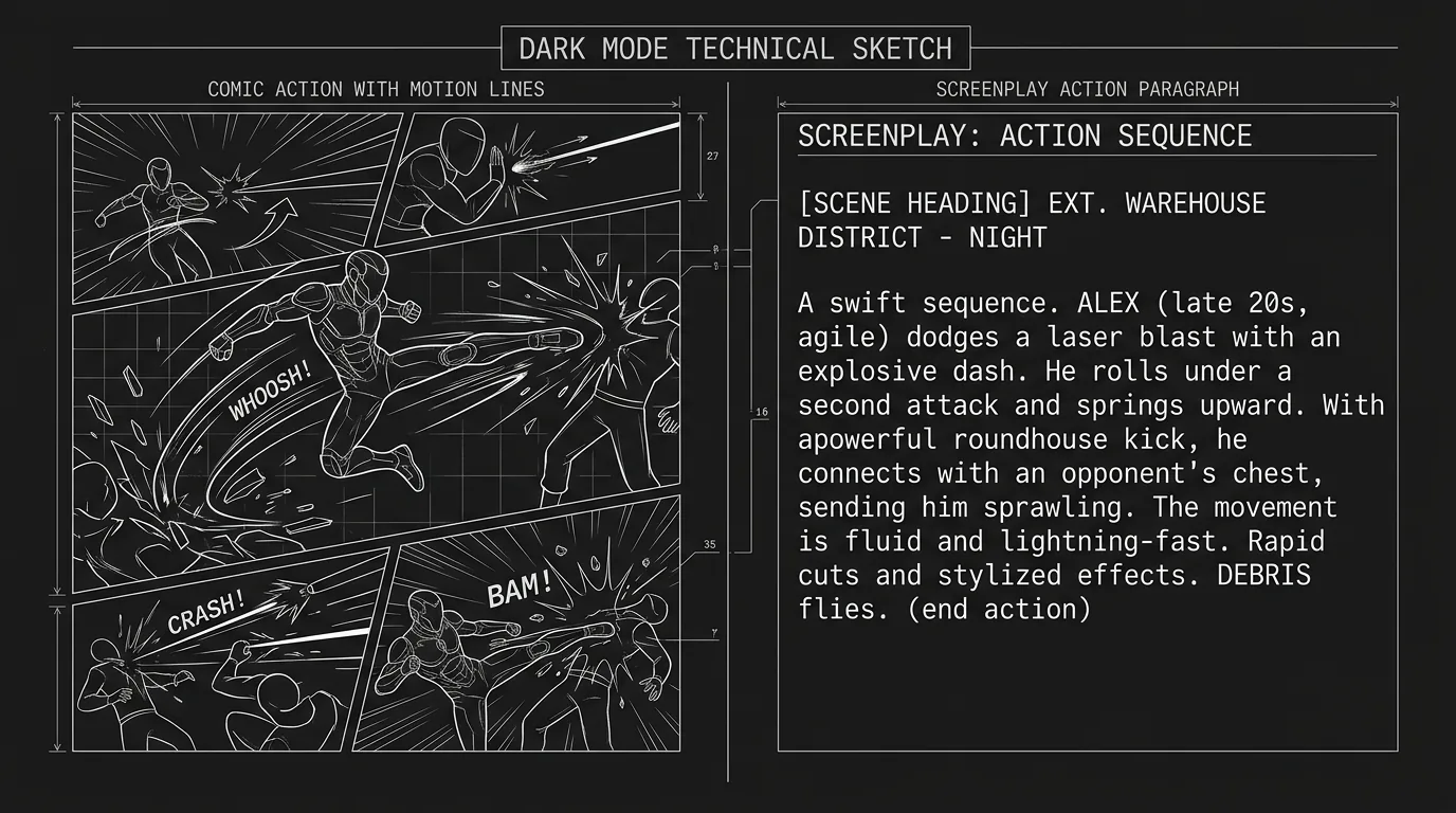 A side-by-side comparison of comic action and screenplay action; dark mode technical sketch, thin white lines on black background