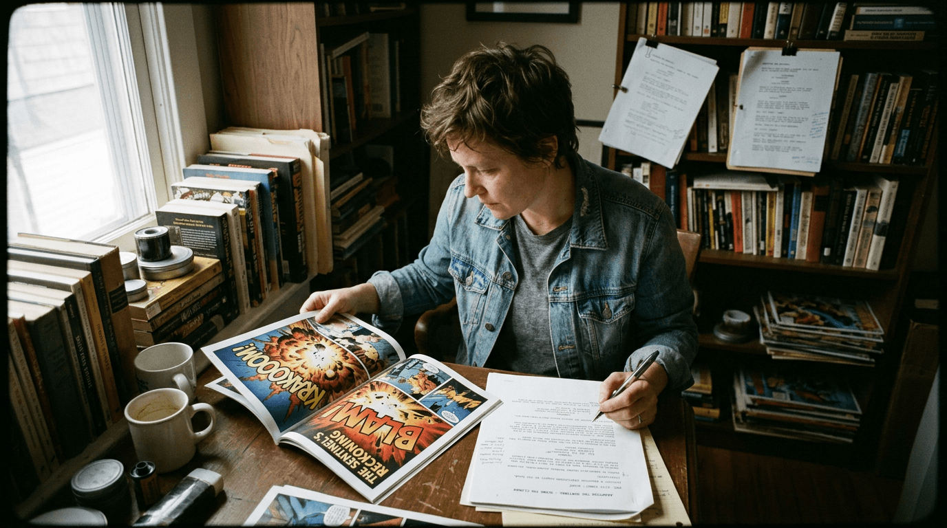 Cinematic workflow still, first angle, 35mm film grain