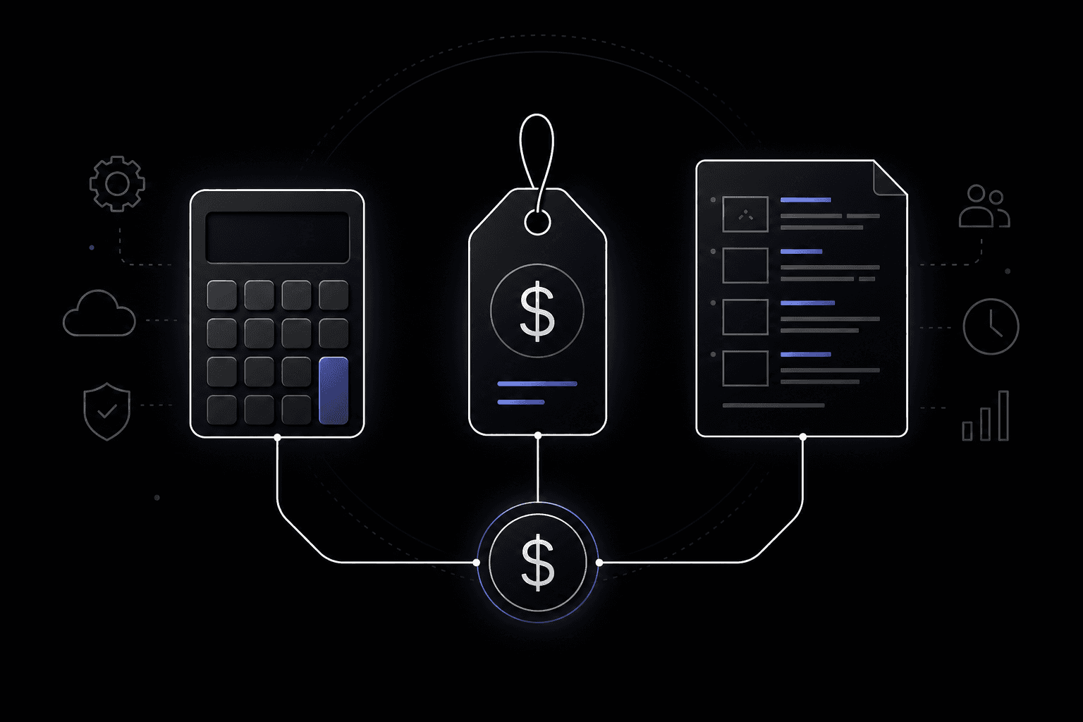 Dark mode technical sketch: calculator, price tag, and screenplay page icons; thin white lines on black