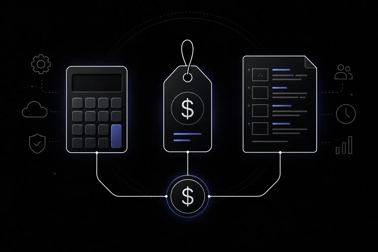 Dark mode technical sketch: calculator, price tag, and screenplay page icons; thin white lines on black