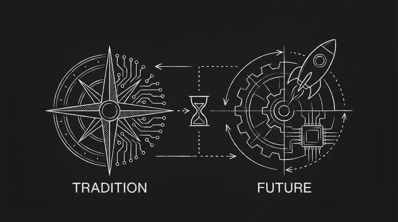 Tradition and future in one image; dark mode technical sketch