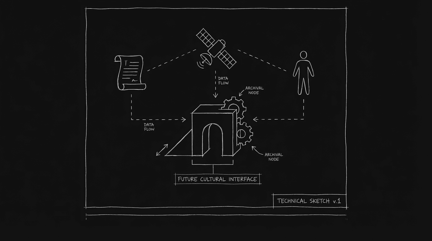 Culture, future, one frame; dark mode technical sketch