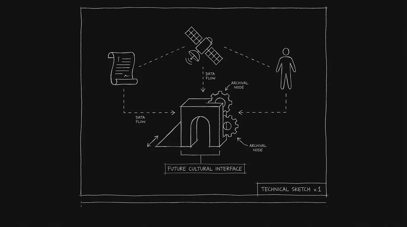 Culture, future, one frame; dark mode technical sketch