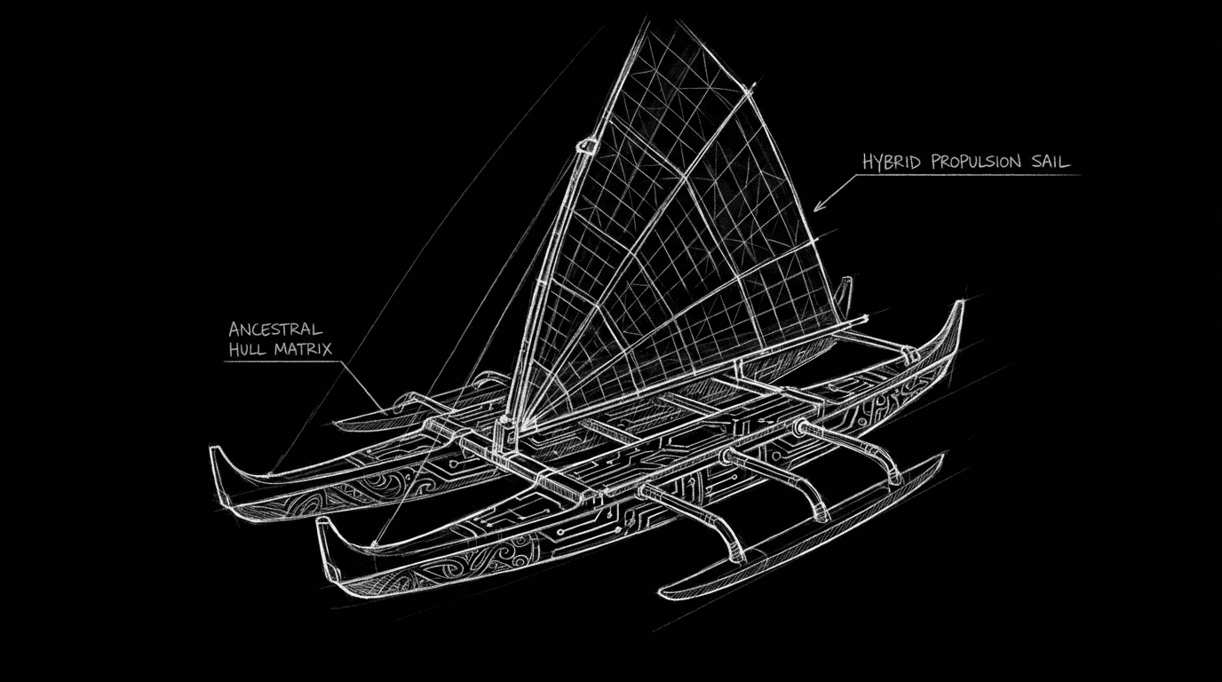 Afrofuturism/Indigenous futurism: tradition and future in one; dark mode technical sketch