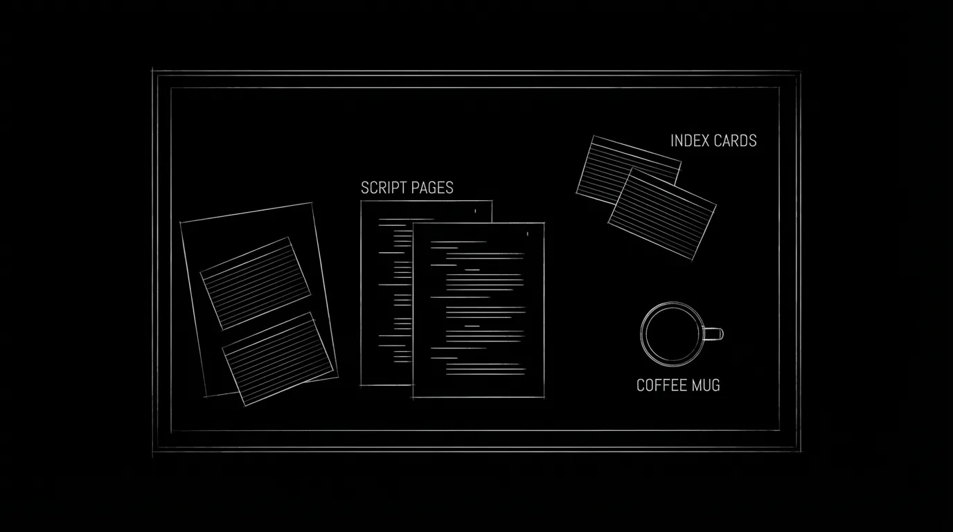 Writer's desk with script pages and manager's card; dark mode technical sketch