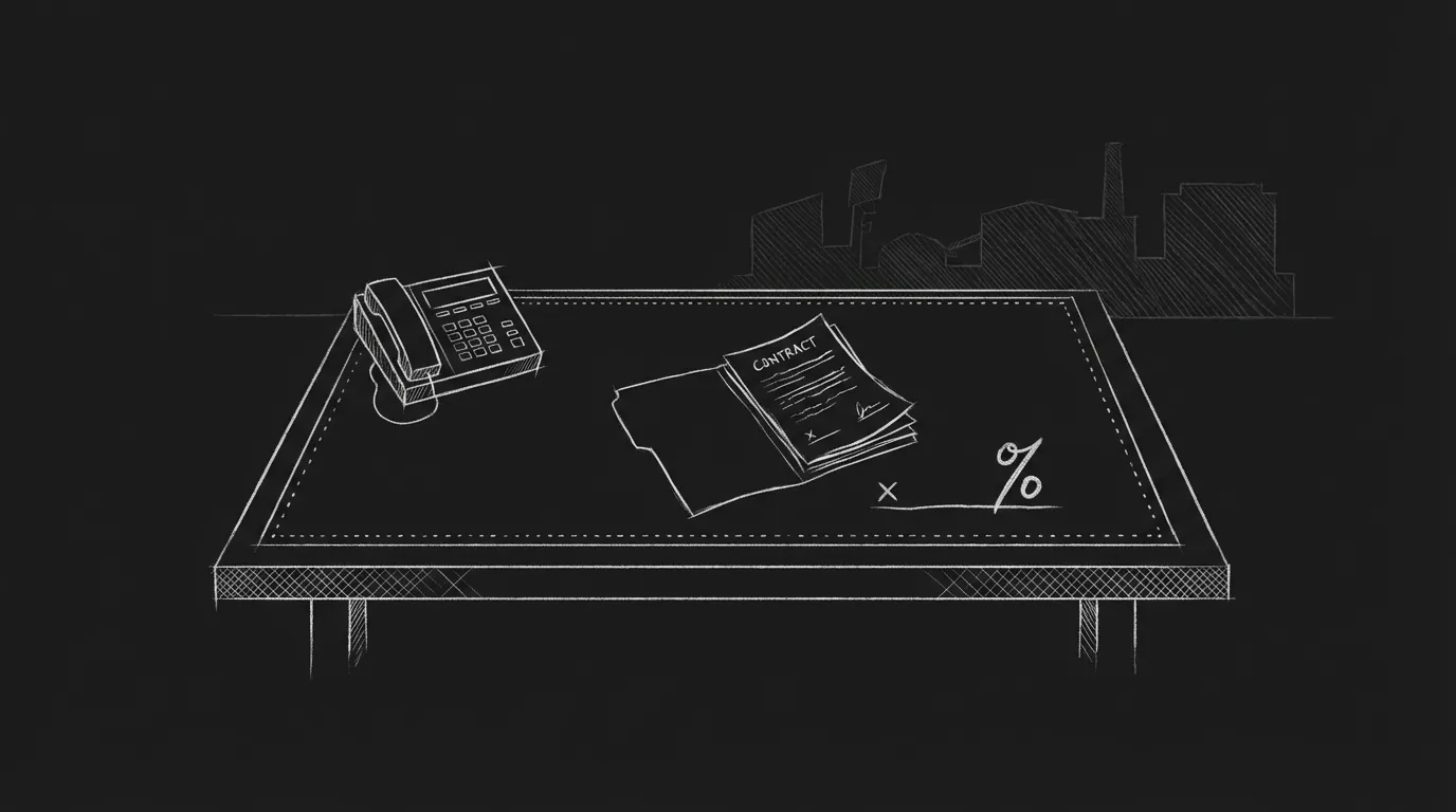 Phone and contract on table; dark mode technical sketch