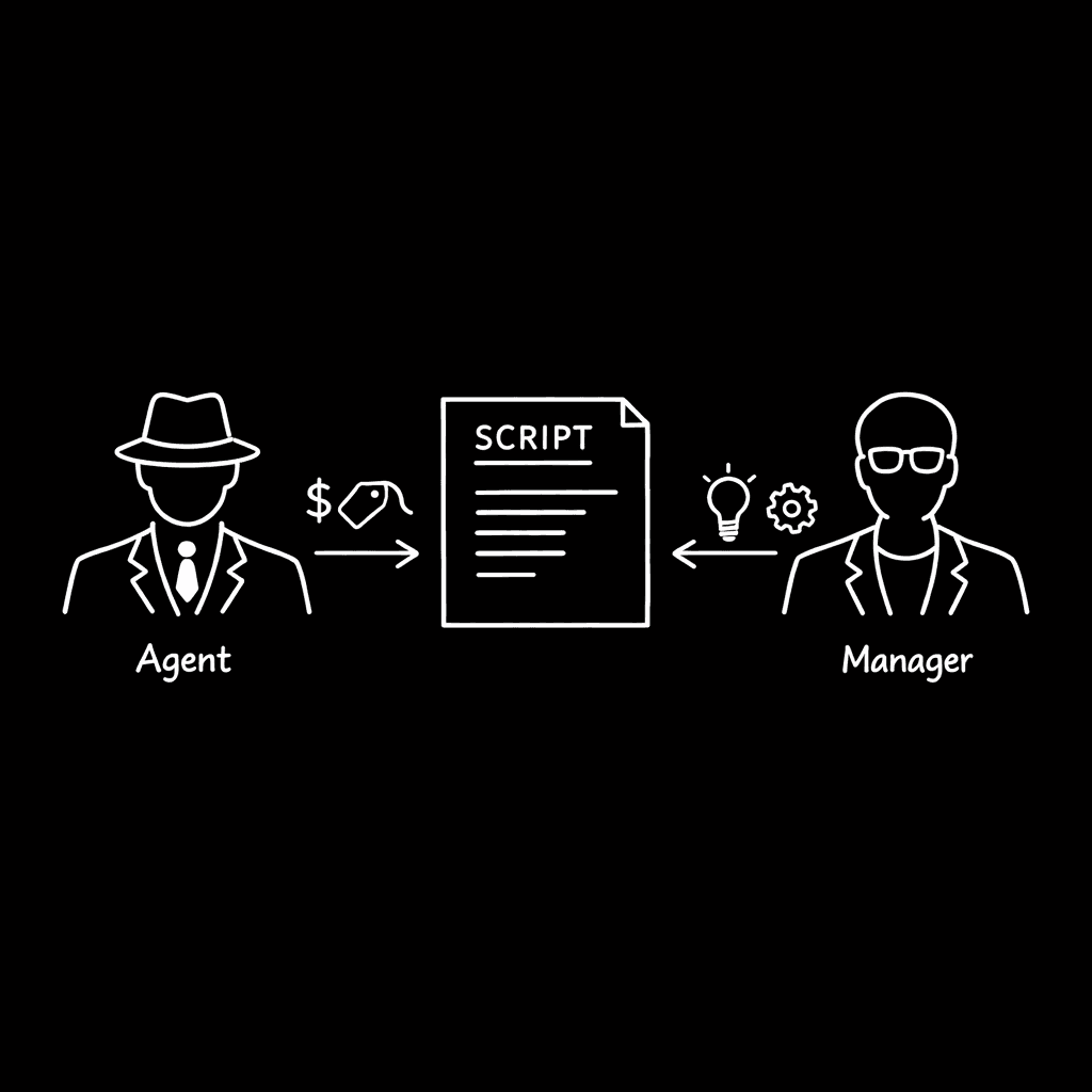 Split diagram: Agent (sell) vs Manager (develop); dark mode technical sketch