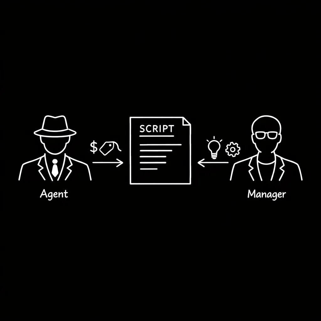 Split diagram: Agent (sell) vs Manager (develop); dark mode technical sketch