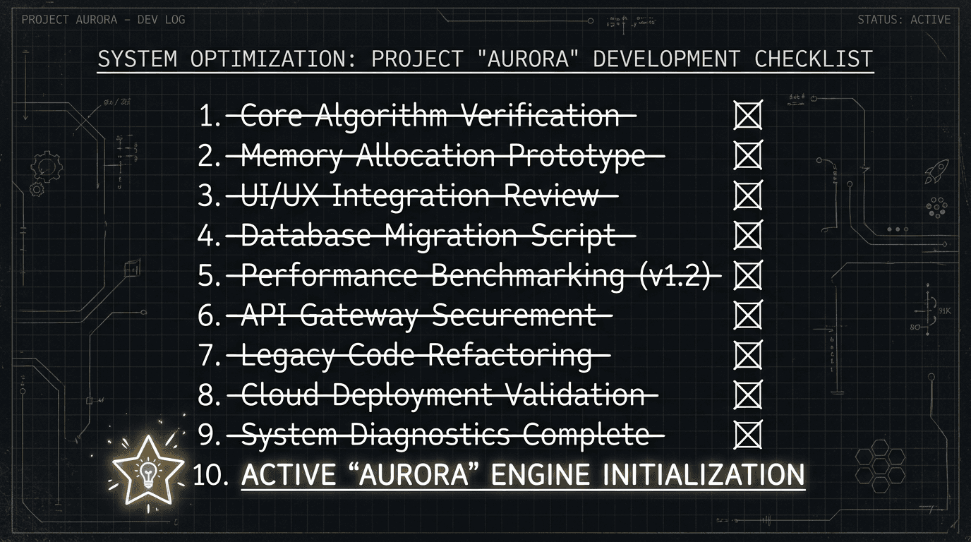 Prompt: Dark Mode Technical Sketch, 10-item list with 9 crossed out and one with a lightbulb or star, clean white lines on black --ar 16:9