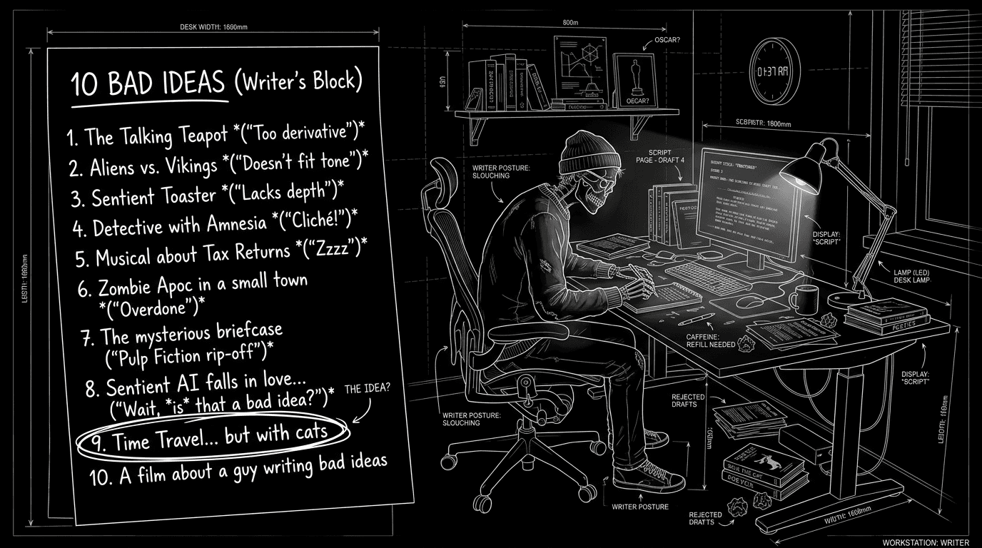 Prompt: Dark Mode Technical Sketch, writer at desk with "10 bad ideas" list and script page, one idea circled, thin white lines on black --ar 16:9