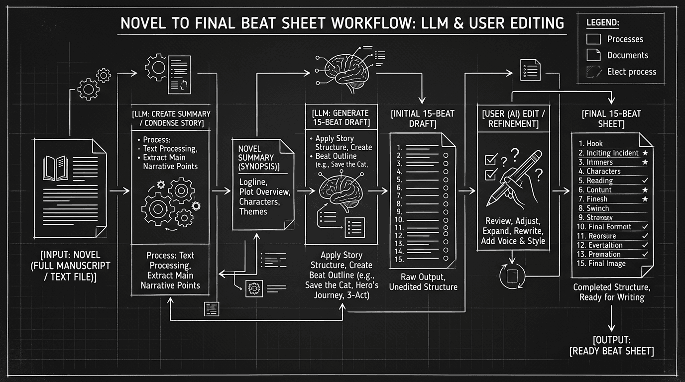 Prompt: Dark Mode Technical Sketch, flowchart: Novel → Summary → LLM → 15-beat draft → You edit → Final beat sheet, clean white lines on black --ar 16:9