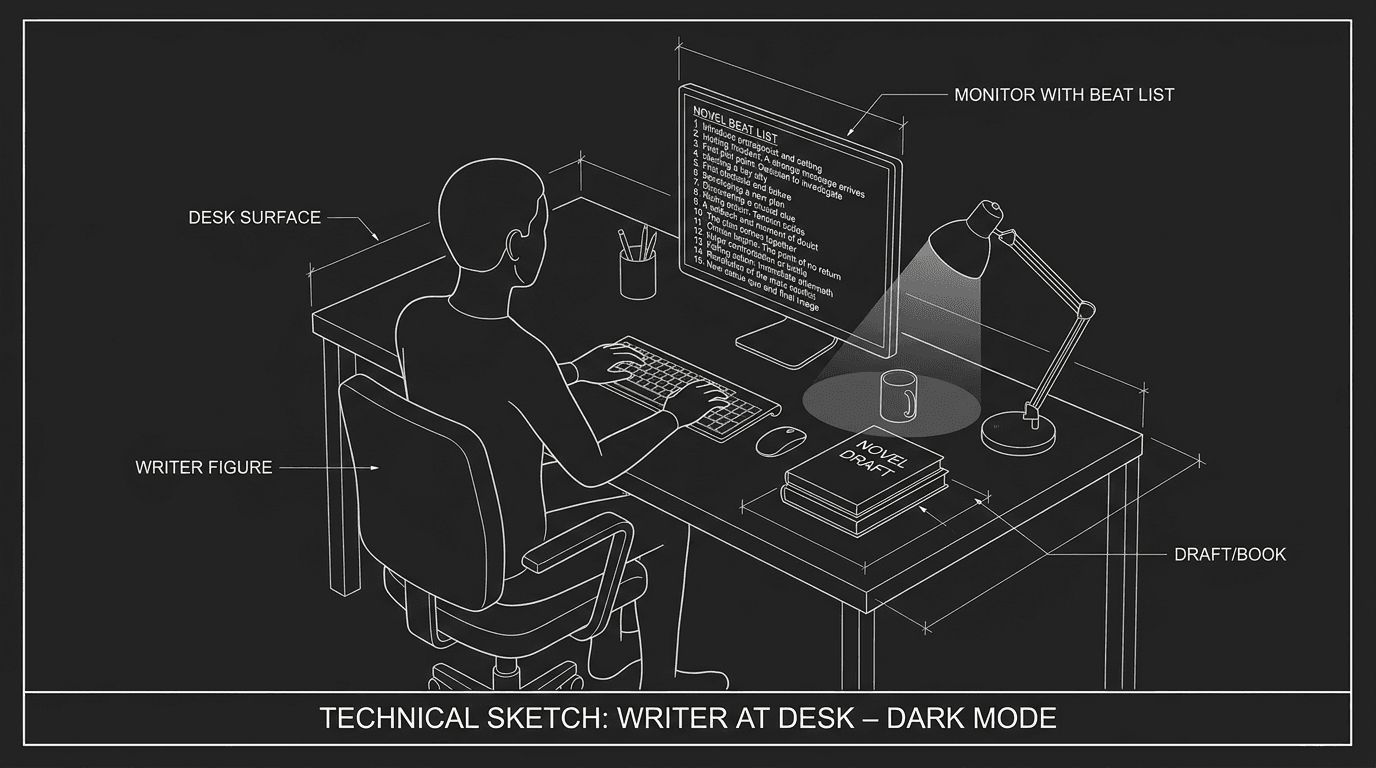 Prompt: Dark Mode Technical Sketch, writer at desk with novel and a 15-item beat list on screen, thin white lines on black --ar 16:9