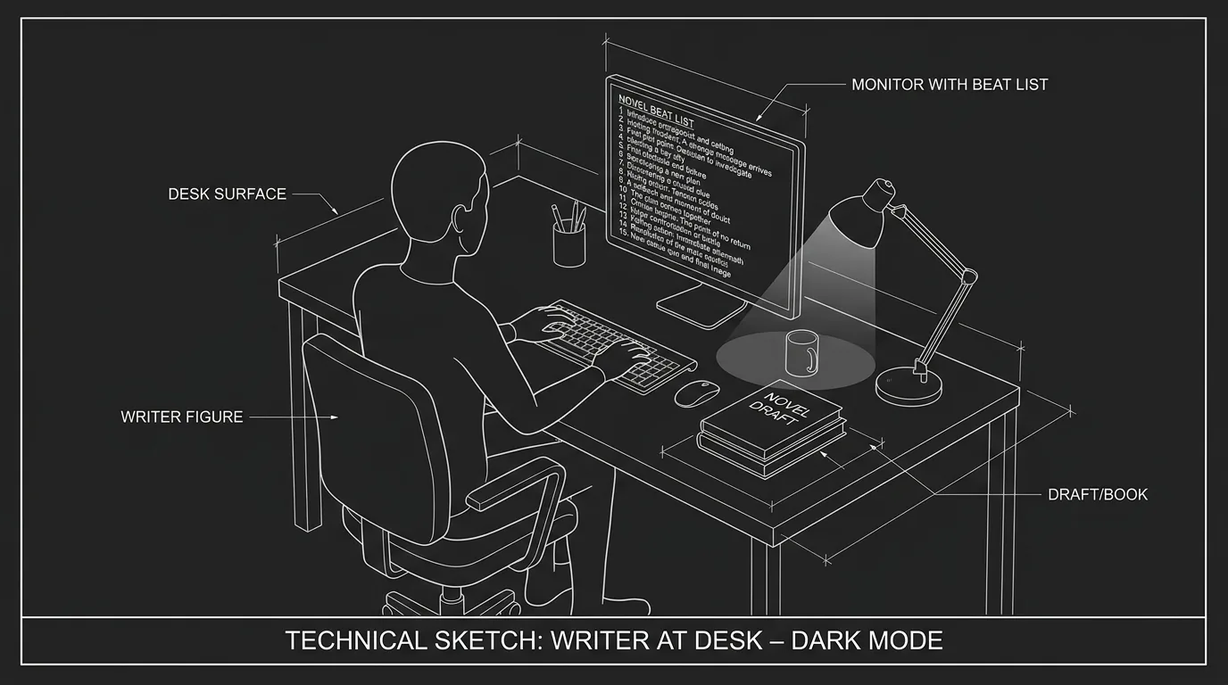 Prompt: Dark Mode Technical Sketch, writer at desk with novel and a 15-item beat list on screen, thin white lines on black --ar 16:9