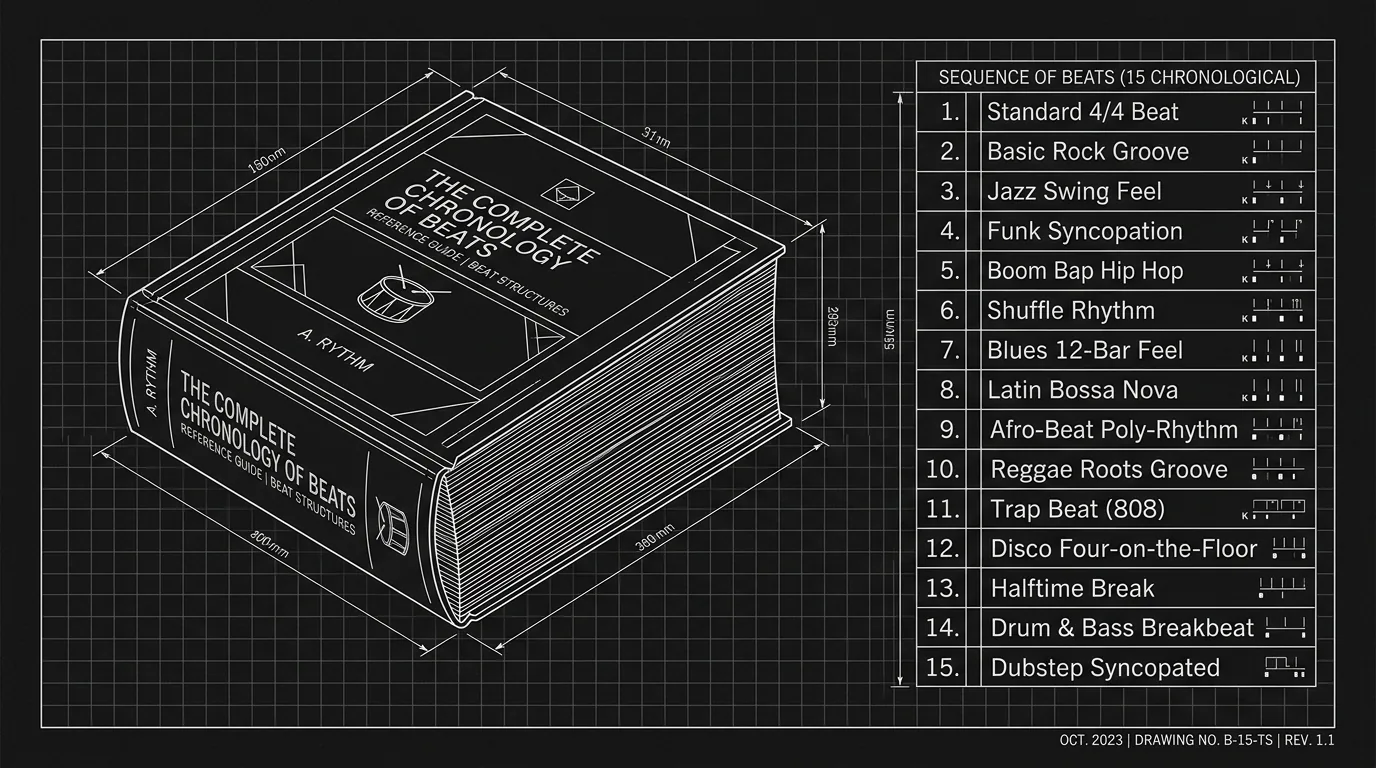 Dark mode technical sketch: thick book and short list of 15 beats; thin white lines on black