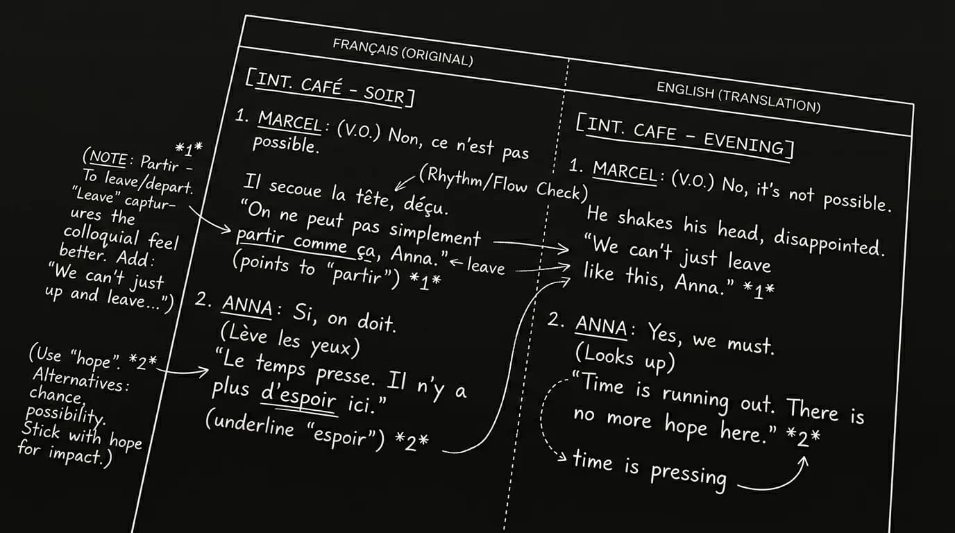 A script with margin notes comparing original and translated lines; dark mode technical sketch, thin white lines on black