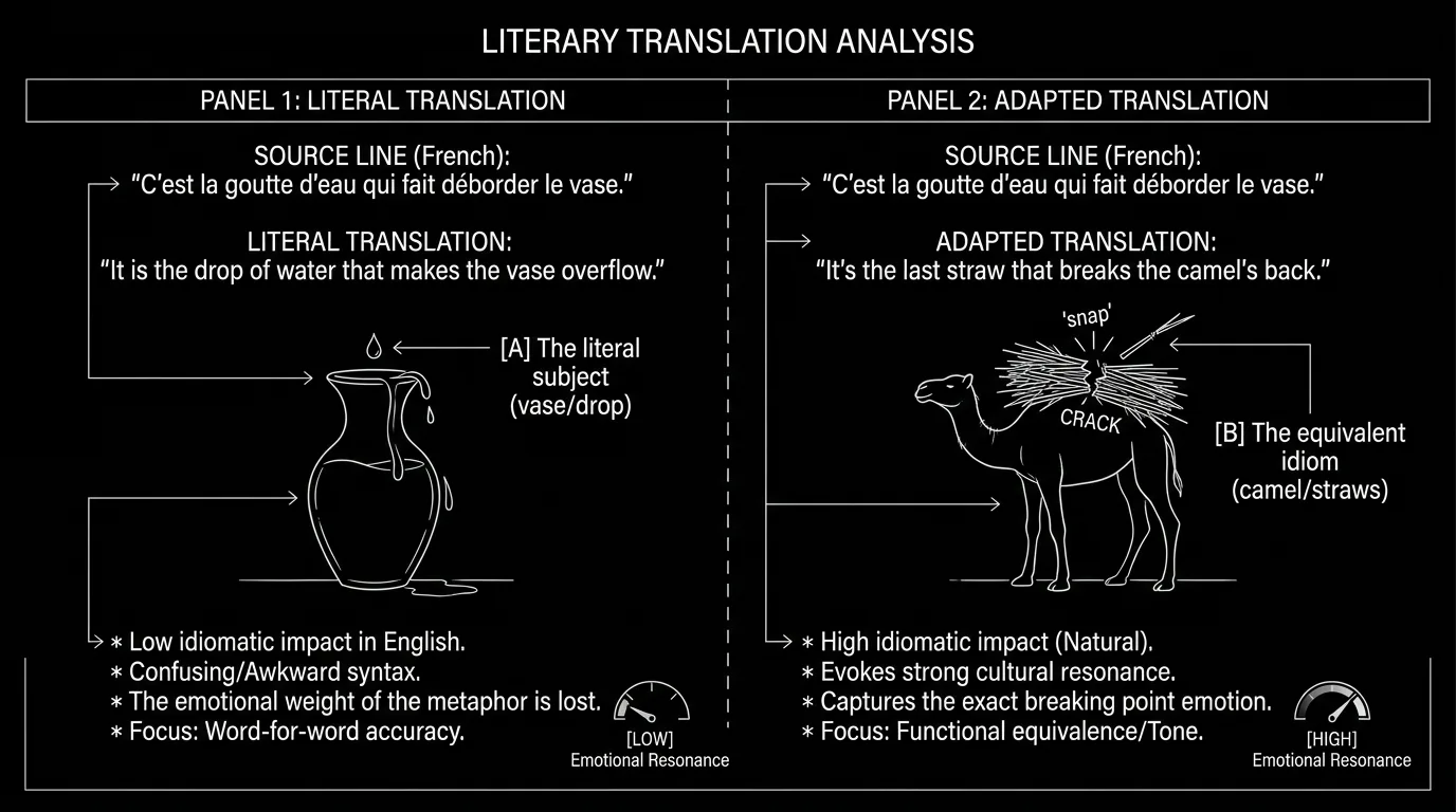 A comparison of two translated lines with emotional markers; dark mode technical sketch, thin white lines, black background